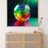 AB Diamond Painting - Diamant Apfel, leuchtend auf Bilderrahmen über Kommode, inspirierende Kunstform, die Malerei und Mosaiktechniken kombiniert.