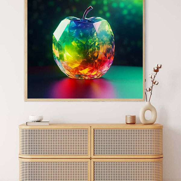 AB Diamond Painting - Diamant Apfel, leuchtend auf Bilderrahmen über Kommode, inspirierende Kunstform, die Malerei und Mosaiktechniken kombiniert.