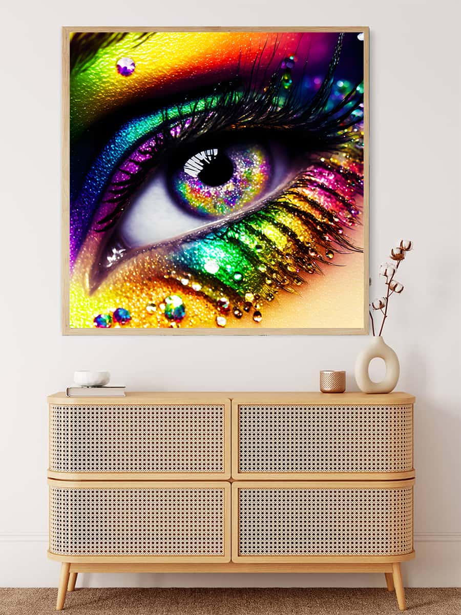 AB Diamond Painting - Bunter Blick funkelndes, buntes Auge auf Leinwand über Kommode, handgefertigte Kunst, Malerei und Mosaik kombiniert