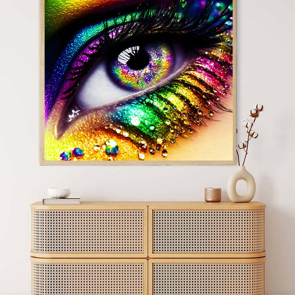 AB Diamond Painting - Bunter Blick funkelndes, buntes Auge auf Leinwand über Kommode, handgefertigte Kunst, Malerei und Mosaik kombiniert