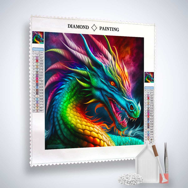 Diamond Painting Kit Eisschwingen with colorful dragon motif, professional canvas, acrylic diamonds, artist tweezers, and setting tool.