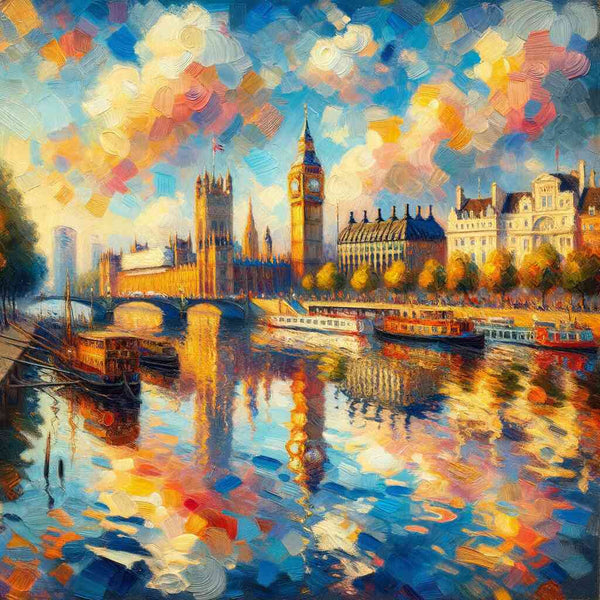 Painting of London at sunset with vibrant colors, featuring the River Thames, Big Ben, and Westminster Bridge reflecting in the water
