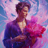 Diamond Painting - Loverboy, beautiful man holding vibrant flowers, surrounded by sparkling, artistic designs.