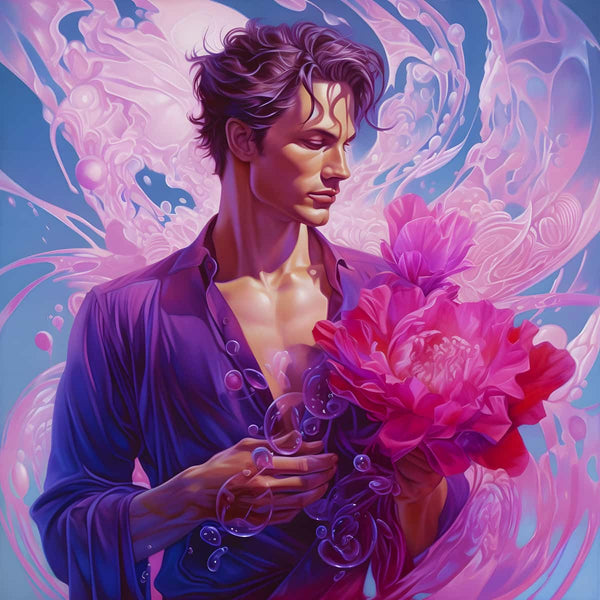 Diamond Painting - Loverboy, beautiful man holding vibrant flowers, surrounded by sparkling, artistic designs.