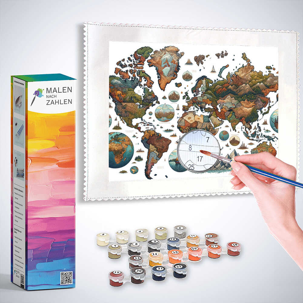 "Malen nach Zahlen - Welt der Fantasie Kartenset mit Pinseln, Farbenpaletten und künstlerischem Weltkartenmotiv"
