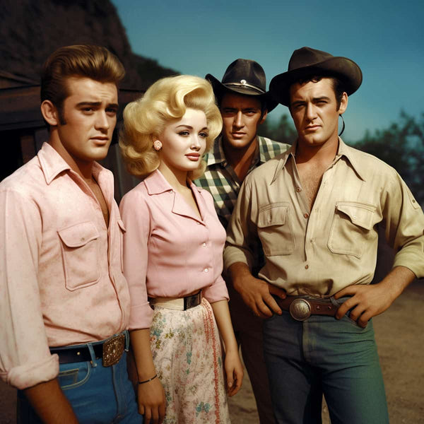 Vier Freunde in Western-Outfits posieren für ein Foto vor einer rustikalen Kulisse