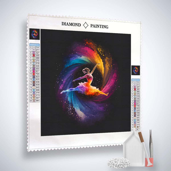 AB Diamond Painting Kreistanz Set - Dancing Ballerina with Multicolored Swirls, Includes Professional Canvas, Acrylic Diamonds, Tweezers, and Pen