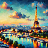 Painting of Eiffel Tower and Seine River at sunset with colorful sky and city lights in Paris.