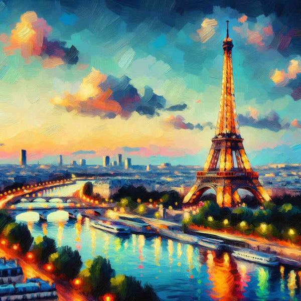 Painting of Eiffel Tower and Seine River at sunset with colorful sky and city lights in Paris.