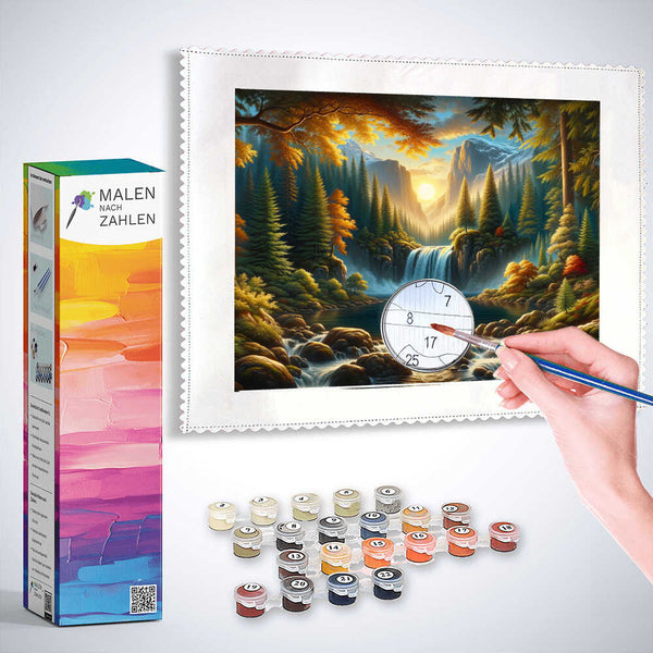 Malen nach Zahlen - Berge und Wasserfall im Wald