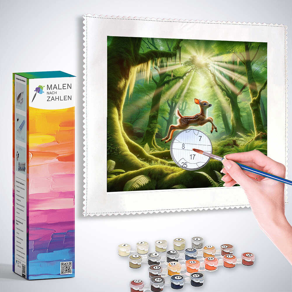 Painting by numbers kit "Waldeserwachen" with a forest scene and a deer, showing paint pots and a hand using a brush to fill in numbers.