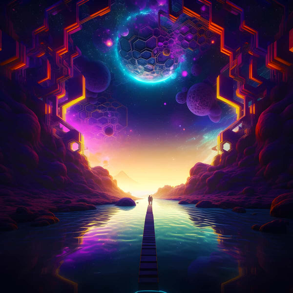 Diamond Painting - Weltall Liebe, featuring a vivid cosmic scene with planets, galaxies, and a couple walking along a reflective path.