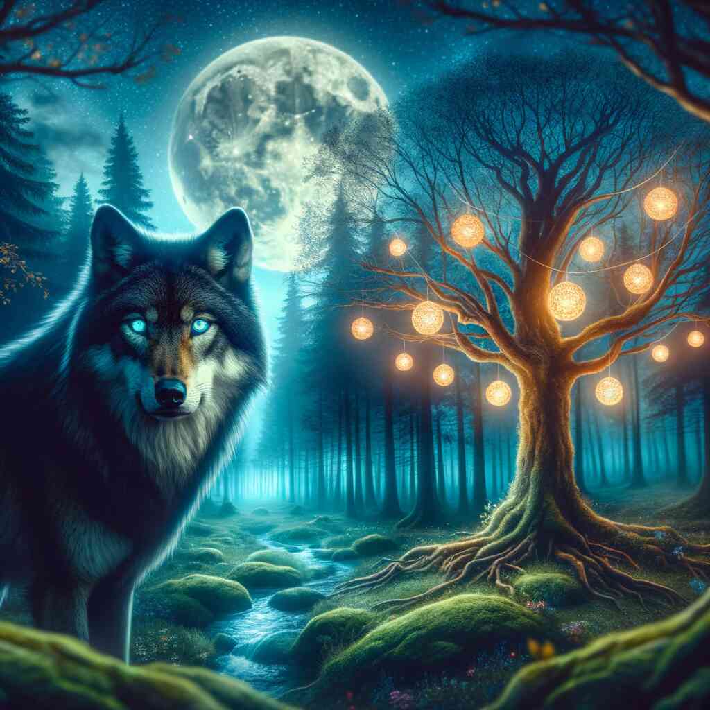 Malen nach Zahlen Mondscheinsinfonie – Wolf und beleuchteter Baum bei Vollmond im mystischen Wald.