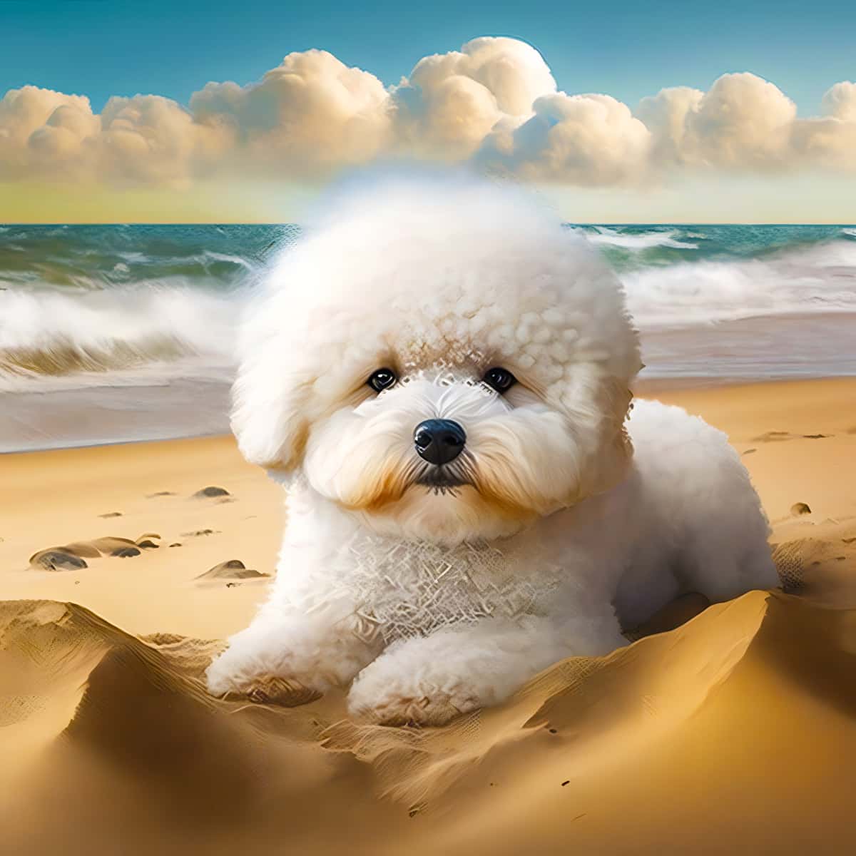 Süßer Hund am Strand Diamond Painting - Fluffy weißer Hund auf sandigem Strand vor einem welligen Meer, perfekte Kunst für DIY Diamond Painting Kits