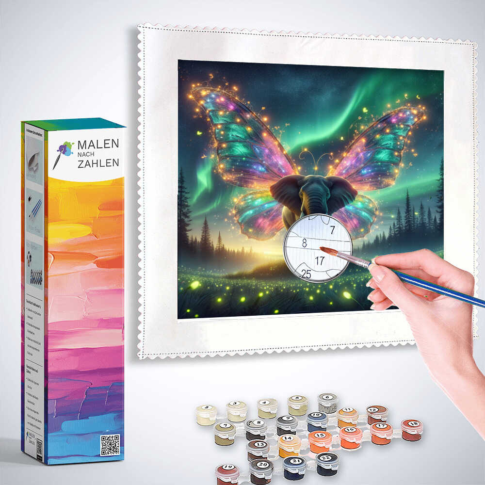 Painting a numbered canvas of a magical butterfly with Malen nach Zahlen kit Feenstaub und Sternenreise and paints.