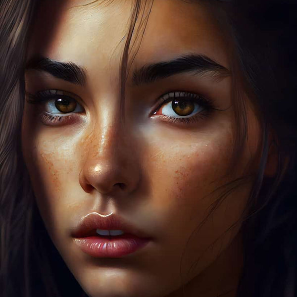 Closeup of a woman's face with detailed skin texture and realistic features, showcasing the artistry of diamond painting.