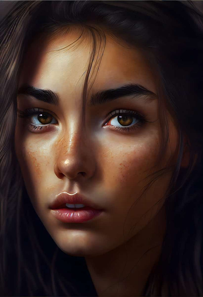 Closeup of a woman's face with detailed skin texture and realistic features, showcasing the artistry of diamond painting.