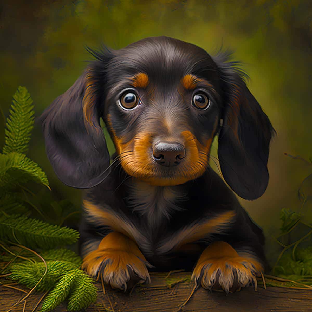 Dachshund puppy with big, expressive eyes surrounded by greenery and plants, perfect for paint-by-numbers art project.
