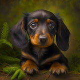 Cute dachshund puppy surrounded by greenery in a diamond painting art style