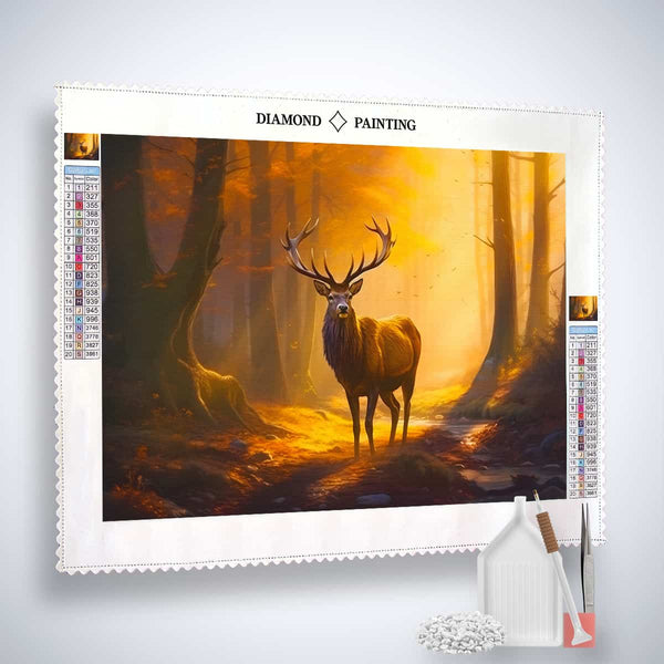 Diamond Painting - Hirsch im goldenen Wald, DIY Kit mit Leinwand, Acryl Diamonds, Pinzette und Profi Setzstift, leuchtender Hirsch im Waldbild