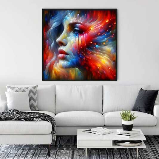 Abstract colorful portrait of a woman created with AB Diamond Painting, mixing vibrant reds, blues, and yellows, representing feminine beauty and strength.