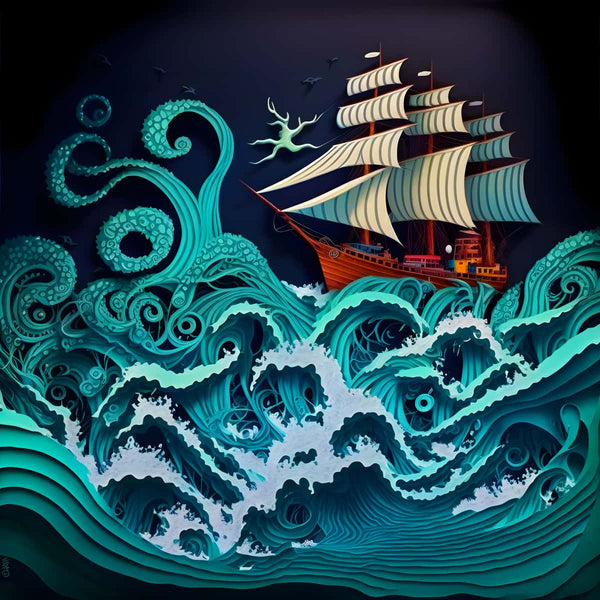 Diamond Painting Kit - Raue See Paperart Türkis, kunstvolles Segelschiff auf stürmischen türkisfarbenen Wellen
