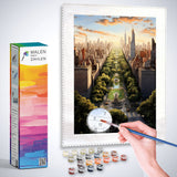 Painting of New York City skyline with boxed Malen nach Zahlen kit and paint pots being used for a paint by numbers activity.