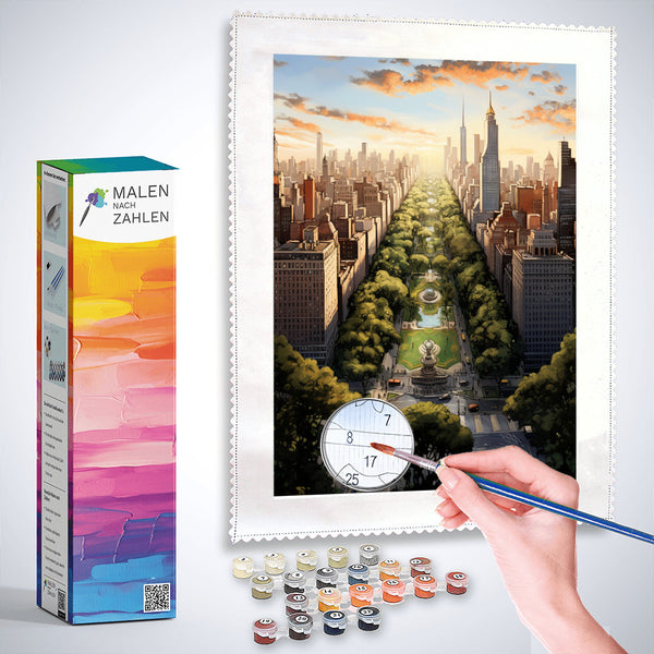 Painting of New York City skyline with boxed Malen nach Zahlen kit and paint pots being used for a paint by numbers activity.