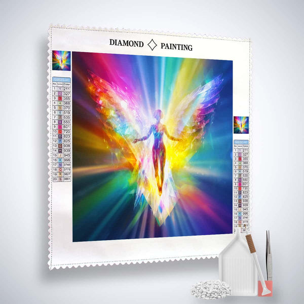 Diamond Painting Kit - Bunter Engel with Profi-Leinwand, glittering acrylic diamonds, and colorful angel design.