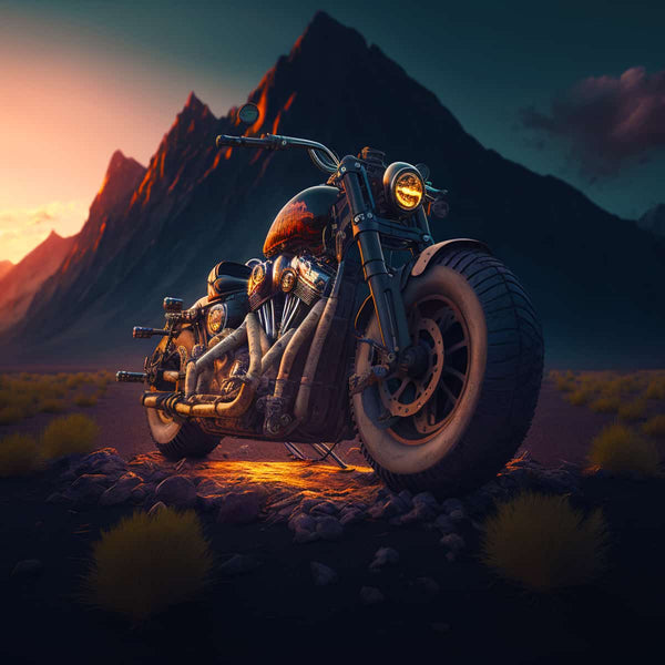 Diamond Painting Kit - Route 66 Motorcycle Adventure with a scenic sunset and mountain background