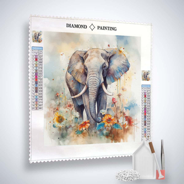 Diamond Painting Kit - Majestätischer Elefant mit bunter Blütenlandschaft, inklusive Acryl Diamonds, Pinzette und Setzstift