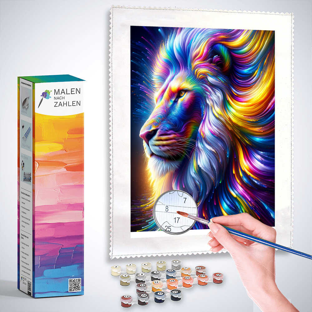 Painting by Numbers set featuring a vibrant rainbow-colored lion with a surreal mane and paint supplies.