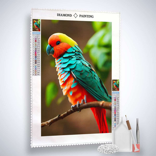 Diamond painting kit featuring a colorful bird on a branch, includes canvas, acrylic diamonds, tweezers, and professional set tools.