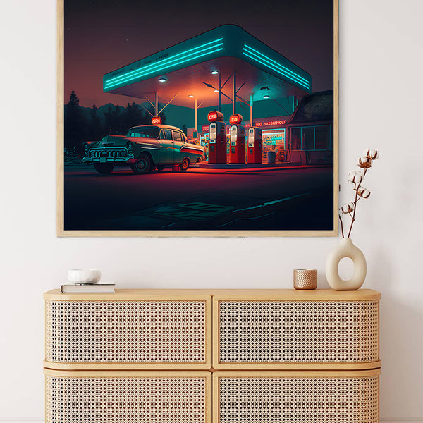 Malen nach Zahlen Route 66 Tankstelle Kunstwerk an Hauswand über Kommode, beleuchtete Tankstelle mit Oldtimer in der Nacht.