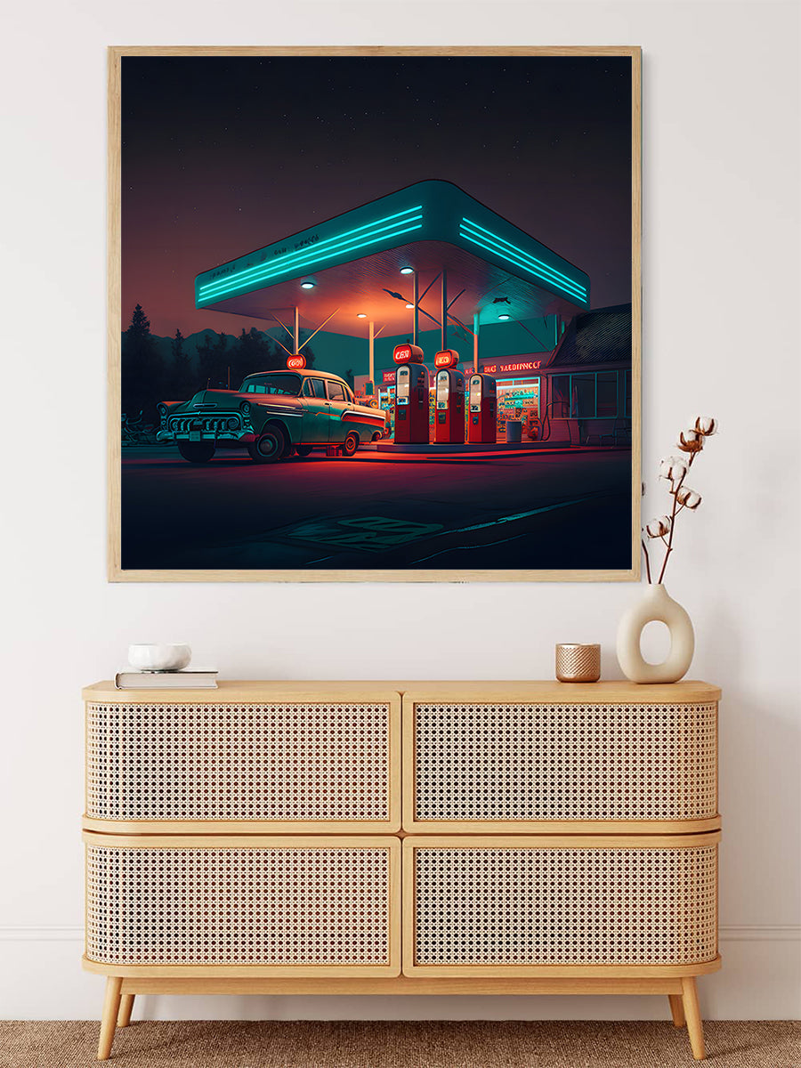 Retro Route 66 gas station diamond painting kit, showcasing a vintage scene with neon lights and classic cars, mounted above a modern sideboard.