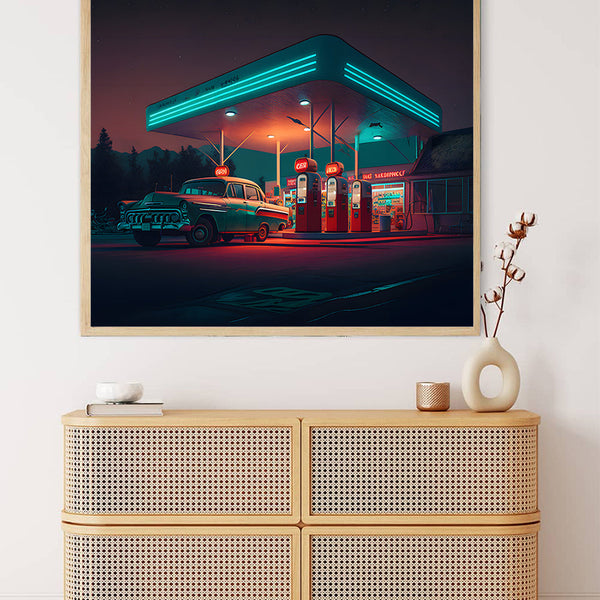 Retro Route 66 gas station diamond painting kit, showcasing a vintage scene with neon lights and classic cars, mounted above a modern sideboard.