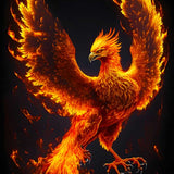 Phoenix in vibrant fiery colors with outstretched wings, symbolizing strength and rebirth. Malen nach Zahlen kit - stress-relieving painting.