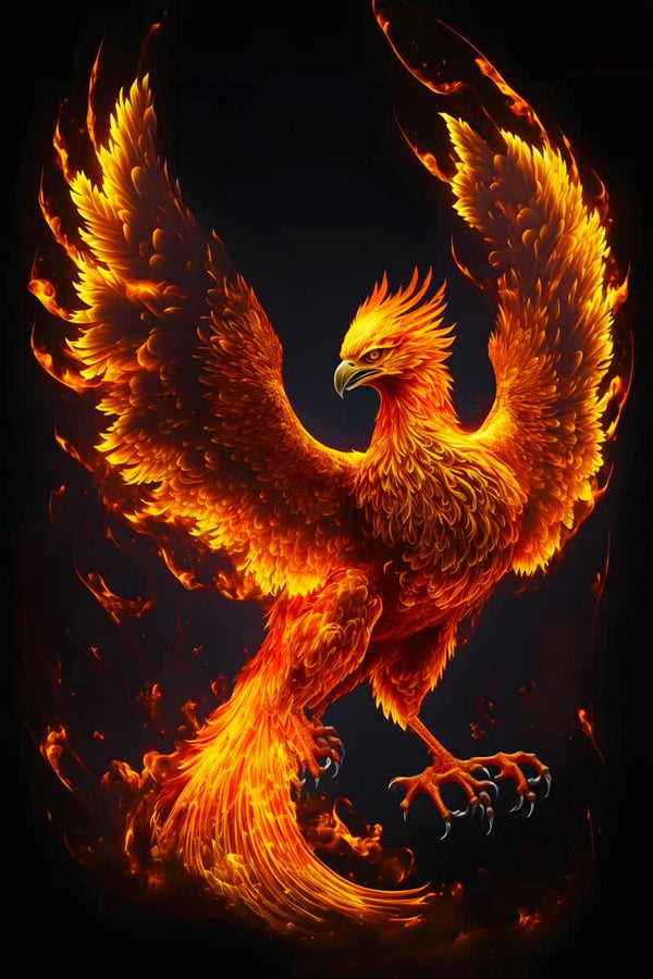 Phoenix in vibrant fiery colors with outstretched wings, symbolizing strength and rebirth. Malen nach Zahlen kit - stress-relieving painting.