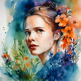 Diamond painting of a woman with flowers, vibrant colors, professional canvas, and acrylic diamonds, creating a sparkly art masterpiece.