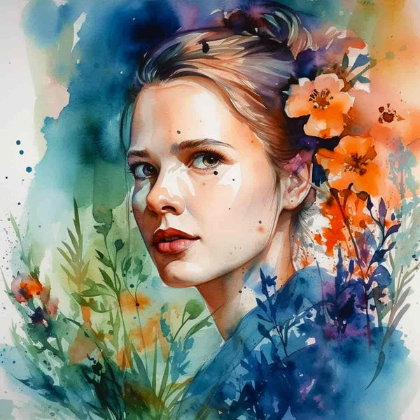 Diamond painting of a woman with flowers, vibrant colors, professional canvas, and acrylic diamonds, creating a sparkly art masterpiece.