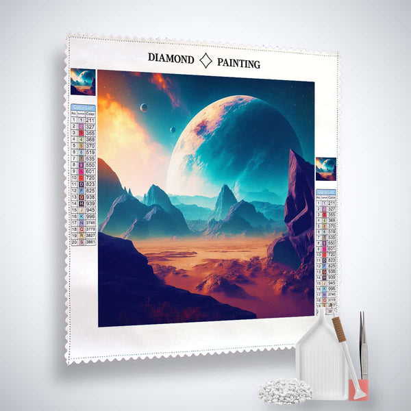 Diamond Painting Kit - Fantasylandschaft Blue, including canvas, acrylic diamonds, artist tweezers, and setzstift with flachensetzer
