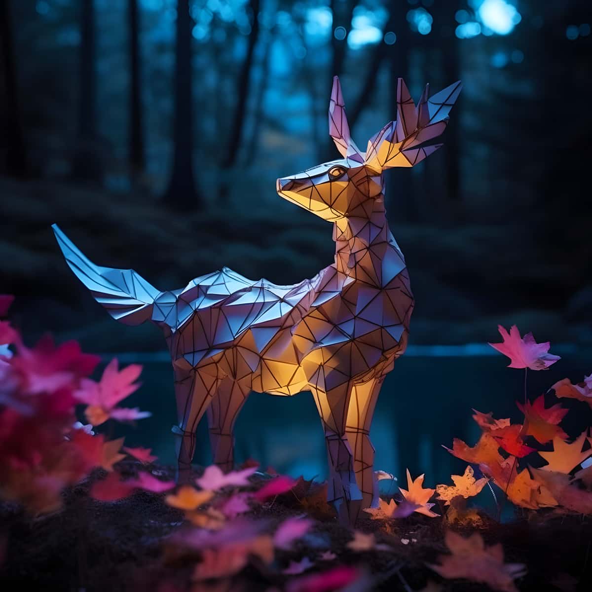 Diamond painting of a mystical deer in an enchanted forest with glowing crystals and vibrant autumn leaves