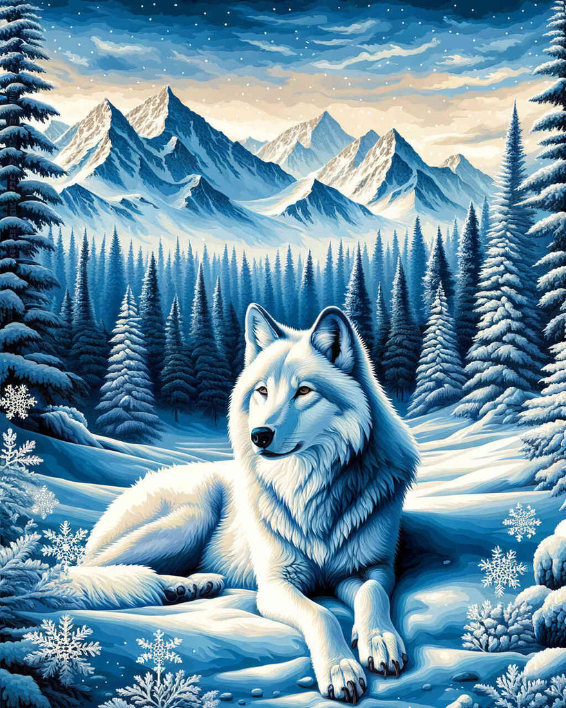 Wolf, Schnee mit Bergen – Malen nach Zahlen