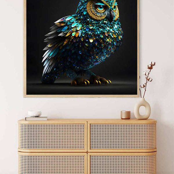 Malen nach Zahlen - Eule in der Nacht Türkis Gemälde über einer Kommode, entspannende Wirkung des Malens