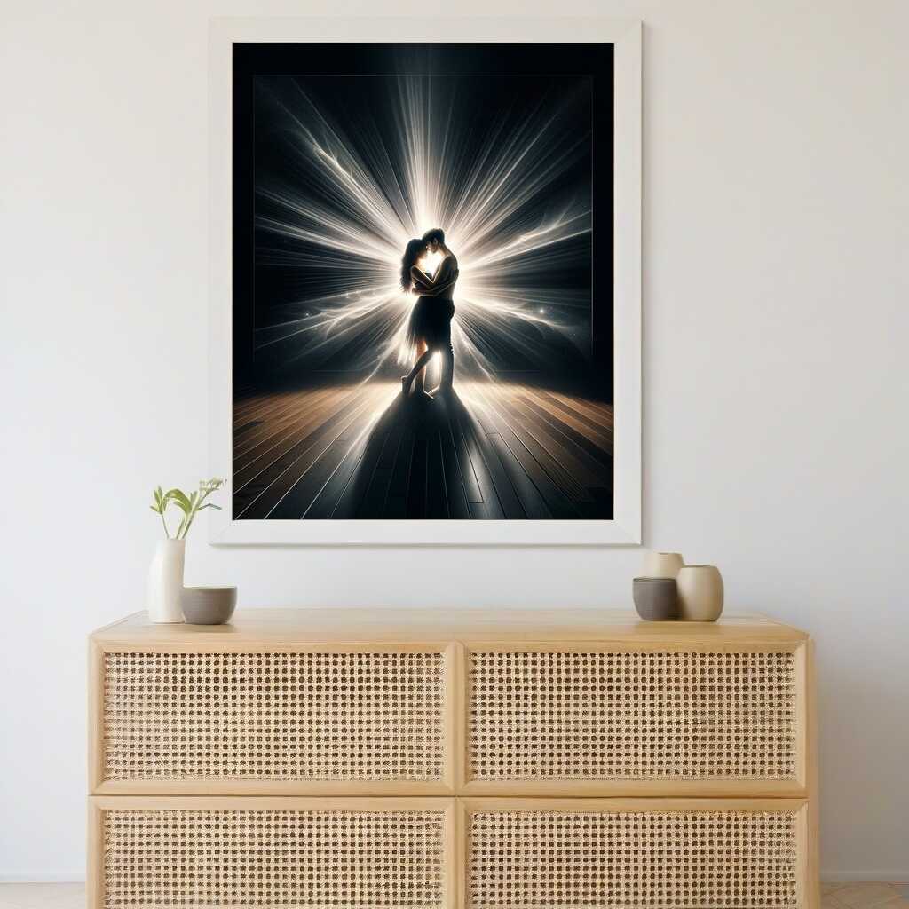 Painting of two silhouetted figures embracing amid heart-shaped light beams, symbolizing love and connection, displayed above a modern sideboard.