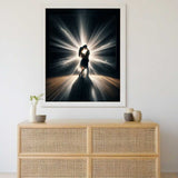 Painting of two silhouetted figures embracing amid heart-shaped light beams, symbolizing love and connection, displayed above a modern sideboard.