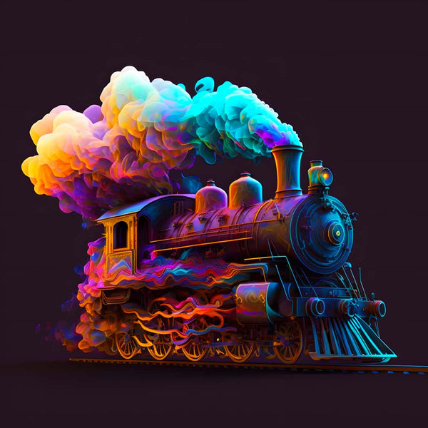 Diamond painting of a colorful train at night with vibrant acrylic diamonds and detailed artistic design.