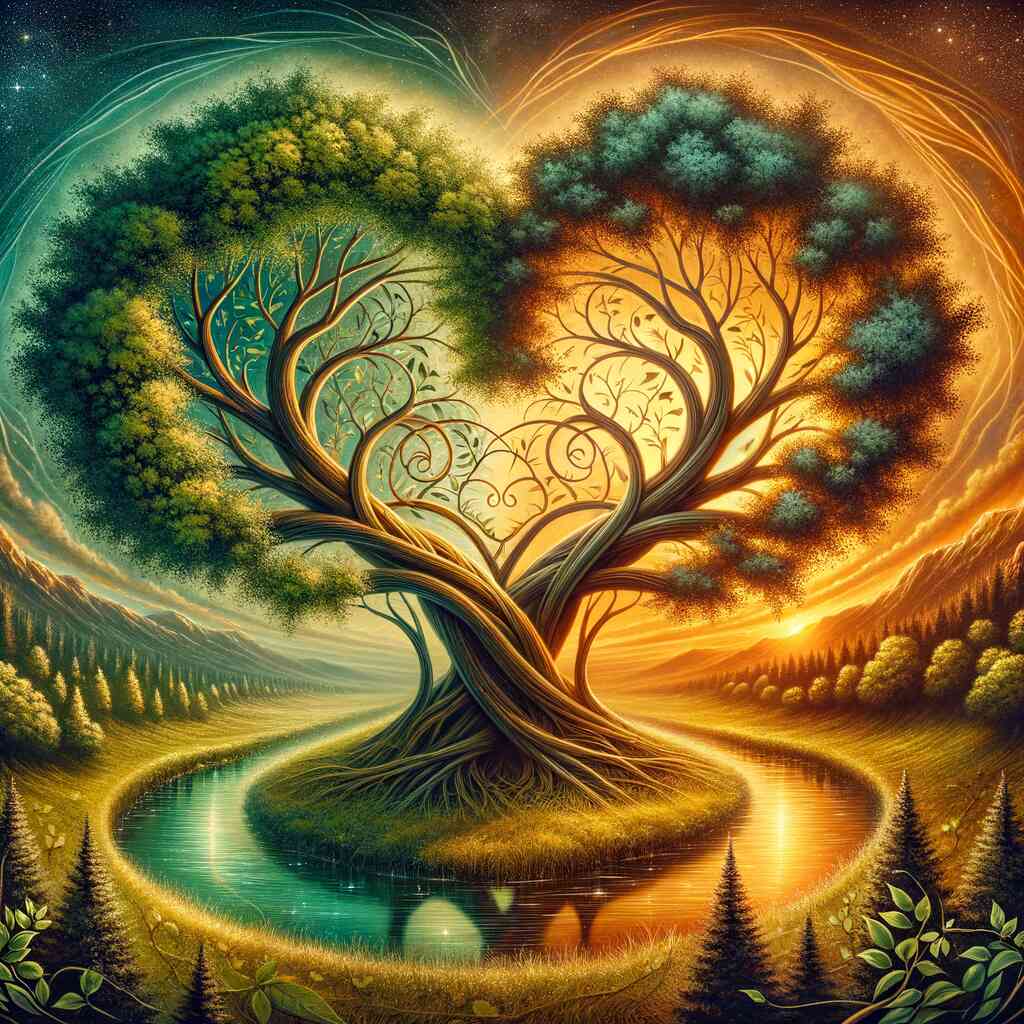 Two intertwined trees forming a heart shape, surrounded by a vibrant, colorful landscape with a serene river and glowing sunset.