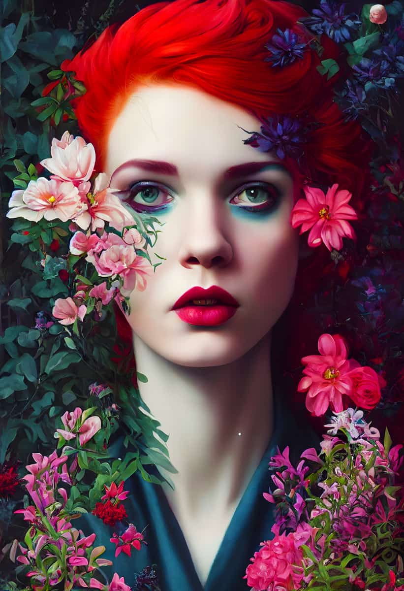 Portrait of a woman with vibrant red hair surrounded by blooming flowers.