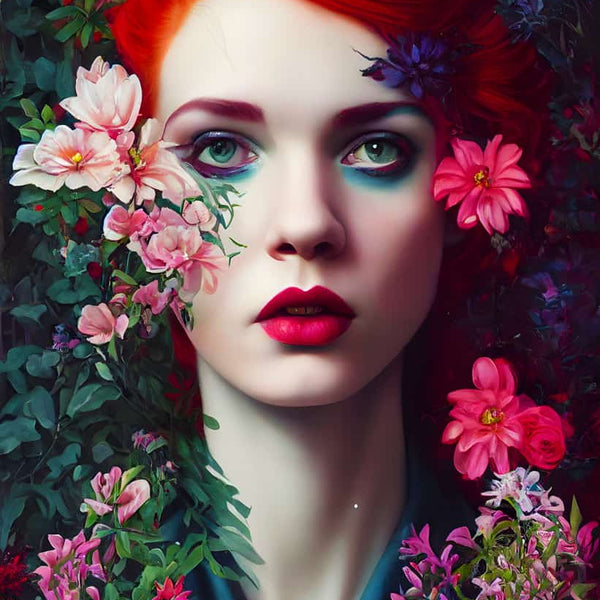 Diamond Painting Kit featuring a woman with red hair and flowers, perfect for creating sparkling artwork with included acrylic diamonds and tools.